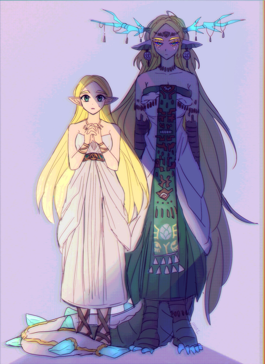absurdres, blonde_hair, claws, dragon_girl, dragon_horns, dragon_tail, dress, dual_persona