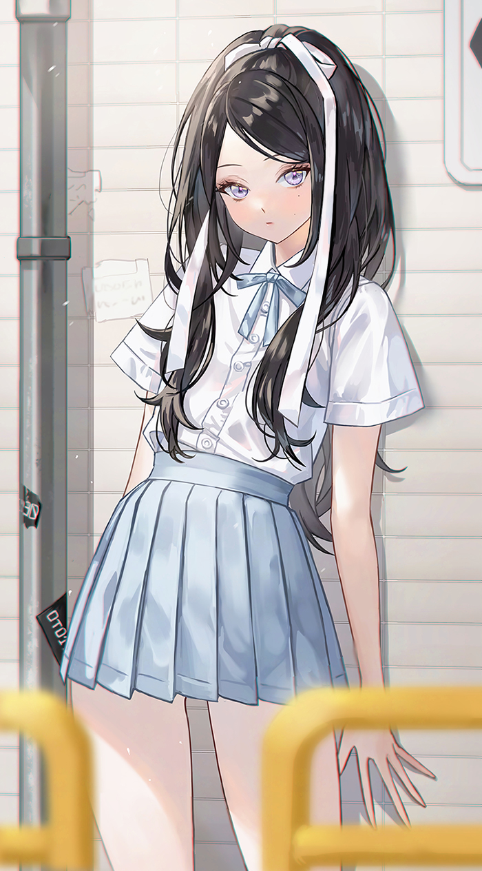 1girl, aqua_ribbon, aqua_skirt, black_hair, blurry, blurry_foreground, closed_mouth, collared_shirt
