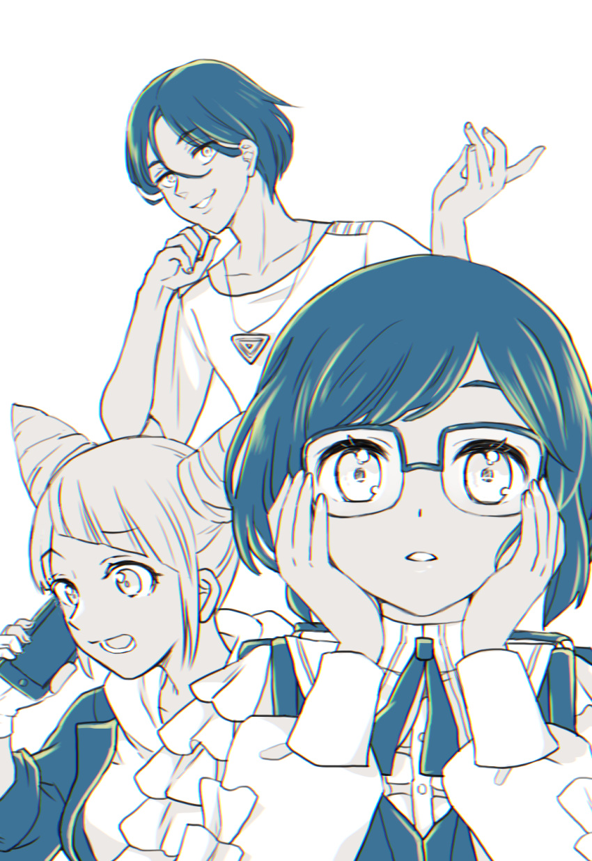 1boy, 2girls, backpack, bag, cellphone, collared_shirt, commentary_request, cone_hair_bun