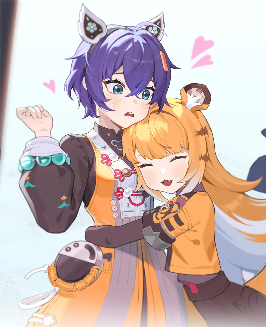 2girls, ^_^, absurdres, animal_ear_fluff, animal_ears, belle_(zenless_zone_zero), blonde_hair, blue_hair