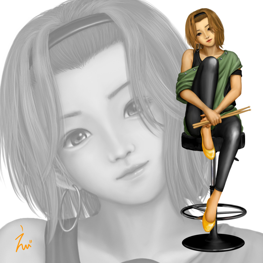 brown_hair, drumsticks, eeotoko, hairband, highres, k-on!, realistic, short_hair