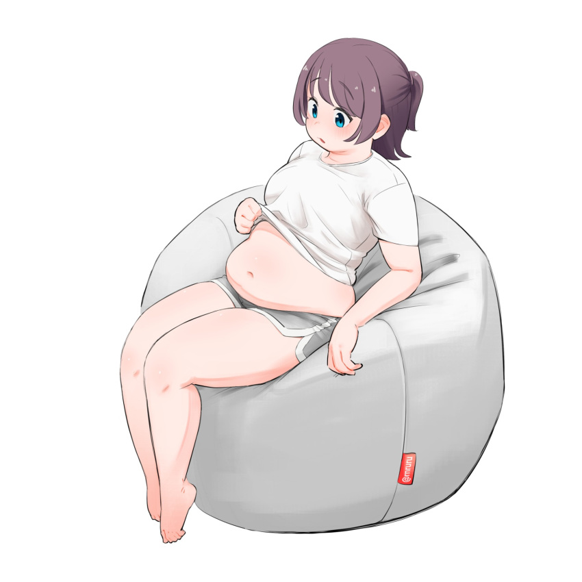 aruru_(rnruru), bare_legs, barefoot, bean_bag, belly, blue_eyes, blush, breasts