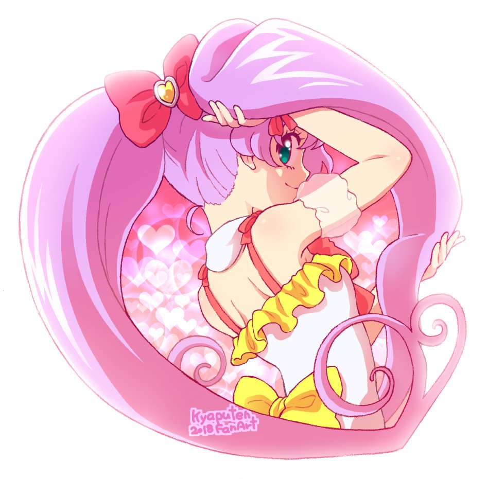 1girl, anime_coloring, arm_up, bad_id, bad_twitter_id, bare_shoulders, bow, commentary_request