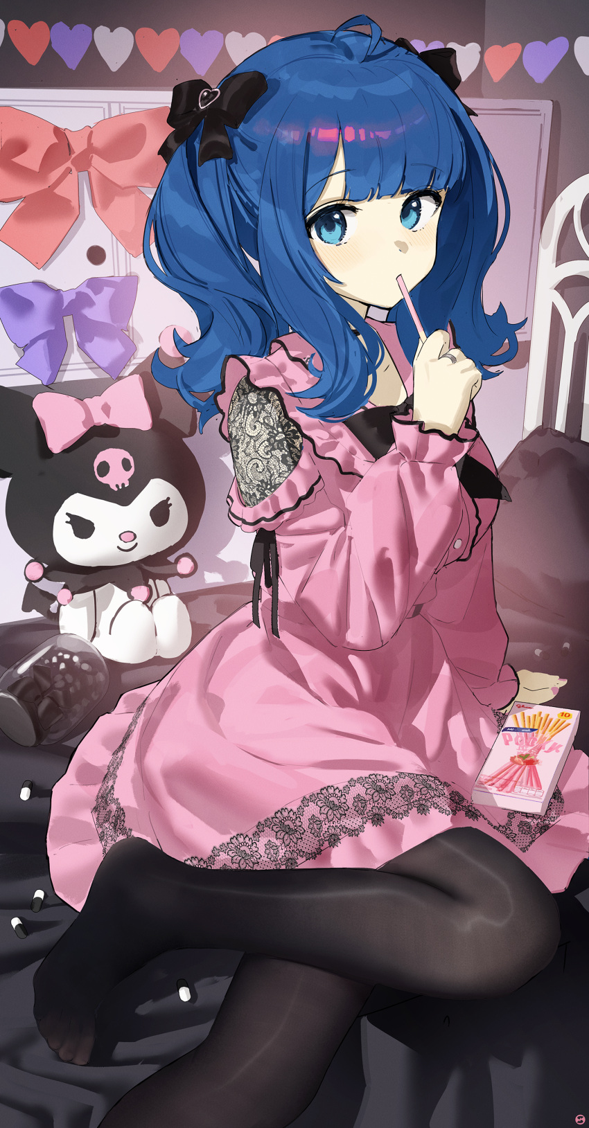 absurdres, alternate_costume, alternate_hairstyle, arm_support, black_bow, black_pantyhose, blanket, blue_eyes