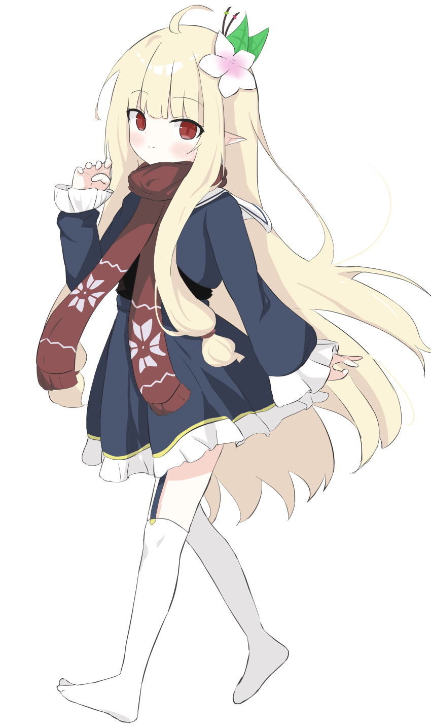 1girl, absurdres, blonde_hair, character_request, check_character, check_copyright, choker, copyright_request, dress, frilled_dress, frills, garter_straps, highres, kneehighs, long_hair, pointy_ears, red_eyes, scarf, simple_background, socks, solo, user_yths2234