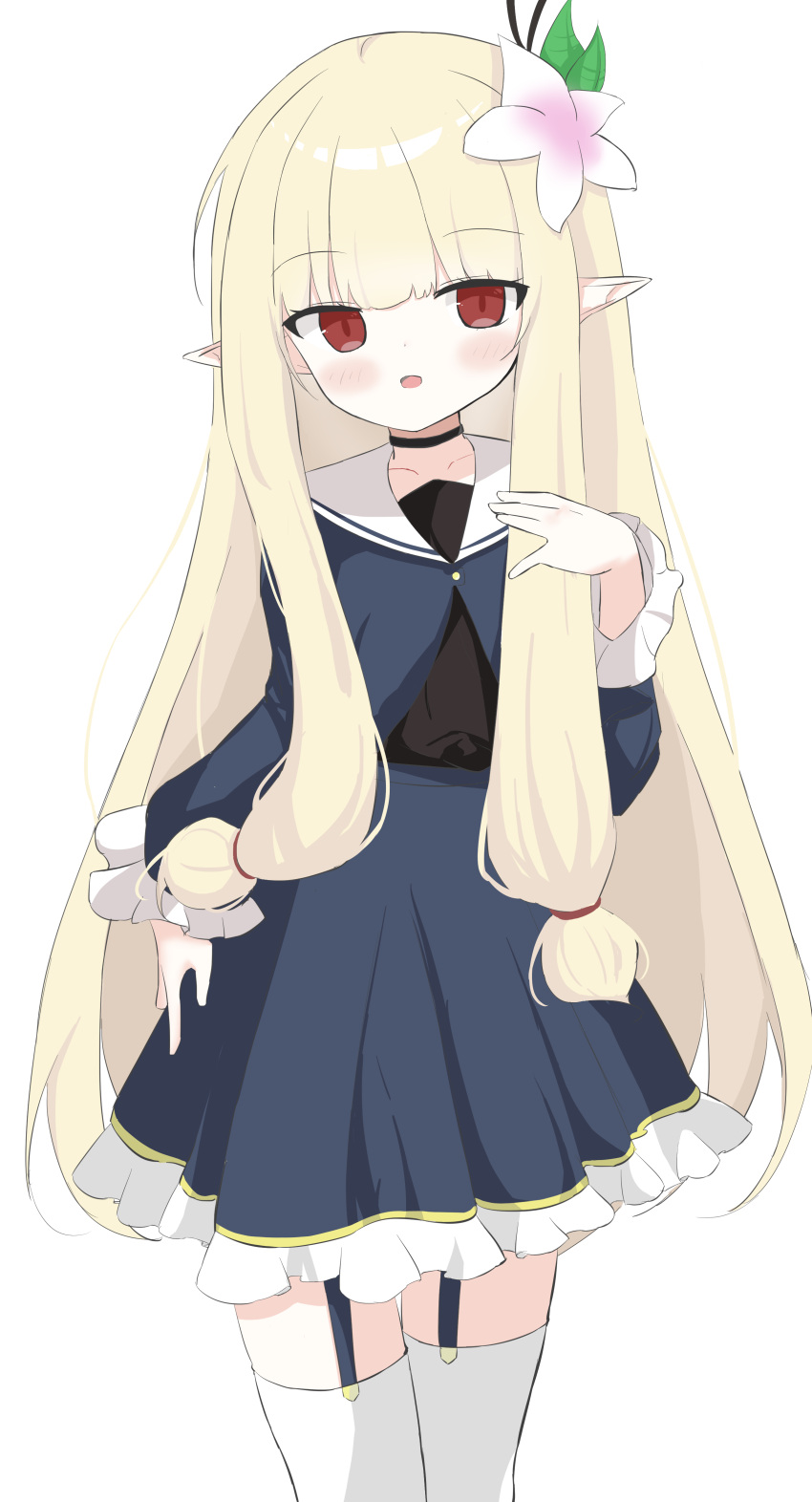 1girl, absurdres, blonde_hair, character_request, check_character, check_copyright, choker, copyright_request, dress, frilled_dress, frills, garter_straps, highres, kneehighs, long_hair, pointy_ears, red_eyes, simple_background, socks, solo, user_yths2234