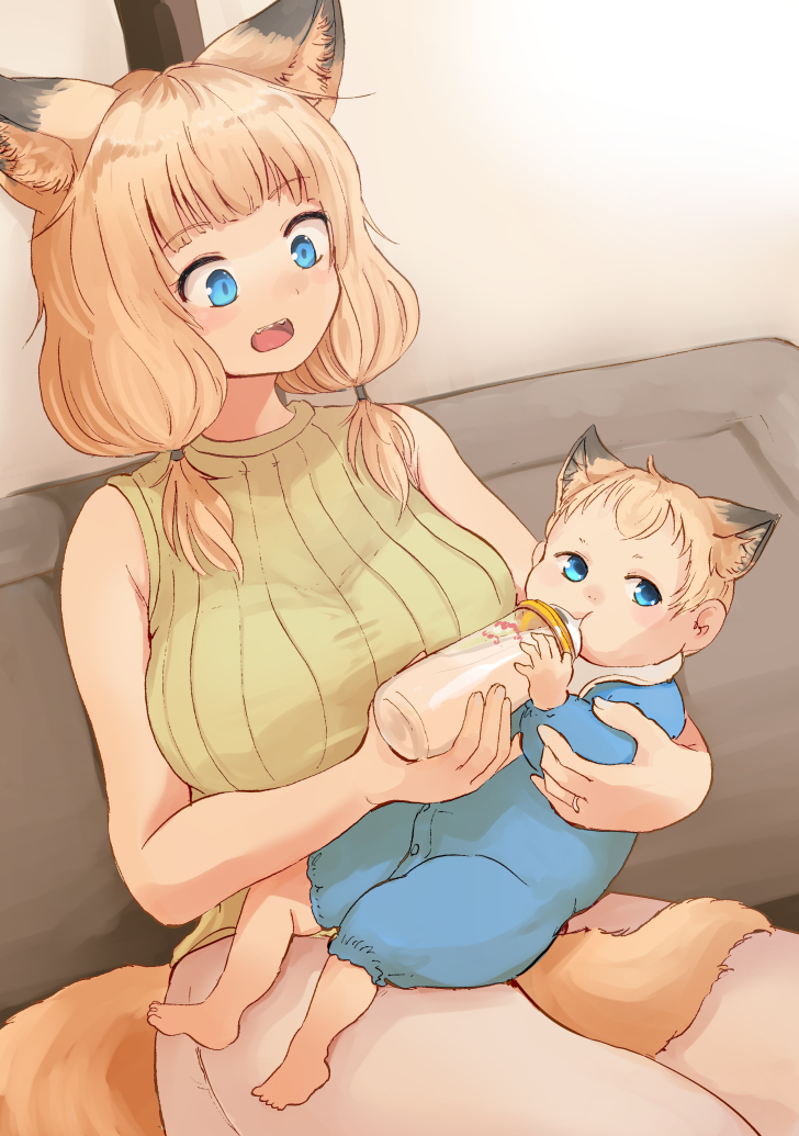 animal_ear_fluff, animal_ears, baby, baby_bottle, batta_(kanzume_quality), blonde_hair, blue_eyes, blush