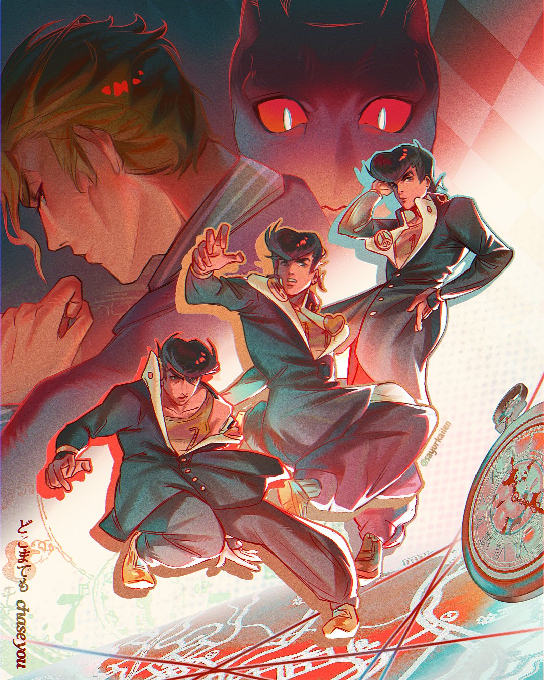 1other, 2boys, black_hair, blonde_hair, brooch, collared_shirt, colored_sclera, commentary