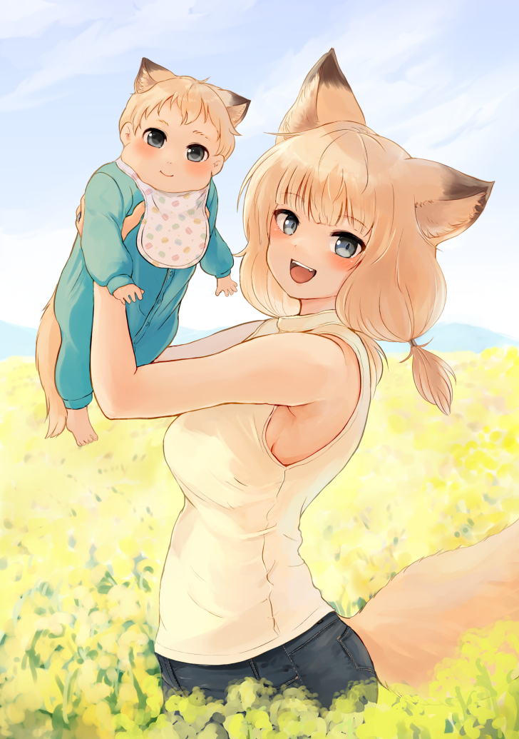 animal_ear_fluff, animal_ears, arm_up, baby, batta_(kanzume_quality), blonde_hair, blue_eyes, carrying