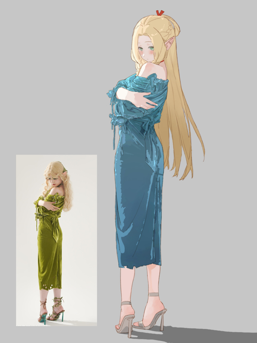 1girl, ankle_strap, aqua_dress, bare_shoulders, blonde_hair, blush, braid, braided_sidelocks, brown_sandals, choker, closed_mouth, commentary_request, cosplay, dress, dungeon_meshi, elf, feet, forehead, full_body, green_dress, green_eyes, grey_background, half_up_braid, hand_on_own_chin, high_heel_sandals, highres, holding_own_arm, long_hair, looking_at_viewer, marcille_donato, marcille_donato_(cosplay), off_shoulder, photo-referenced, photo_inset, pointy_ears, red_choker, reference_inset, sandals, shadow, simple_background, solo, standing, tang_sanjiao, very_long_hair