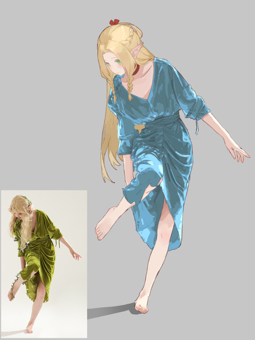 1girl, aqua_dress, barefoot, blonde_hair, braid, braided_sidelocks, choker, closed_mouth, commentary_request, cosplay, dress, dungeon_meshi, elf, feet, forehead, full_body, green_dress, green_eyes, grey_background, half_up_braid, highres, leg_up, light_blush, long_hair, looking_down, marcille_donato, marcille_donato_(cosplay), photo-referenced, photo_inset, pointy_ears, red_choker, reference_inset, sandals, shadow, simple_background, solo, standing, standing_on_one_leg, tang_sanjiao, toes, v-neck, very_long_hair