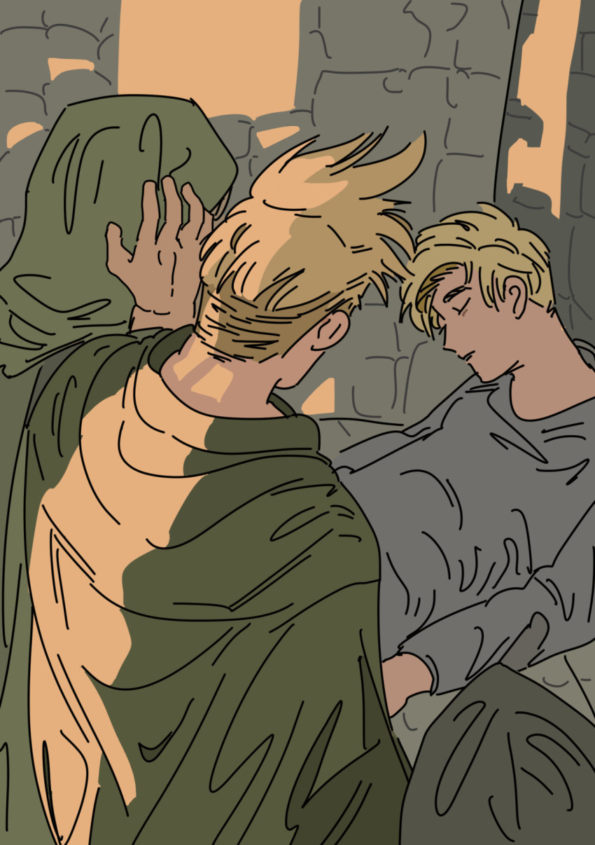 4boys, bags_under_eyes, blonde_hair, brick_wall, chi.:_chikyuu_no_undou_ni_tsuite, cloak, closed_eyes, green_cloak