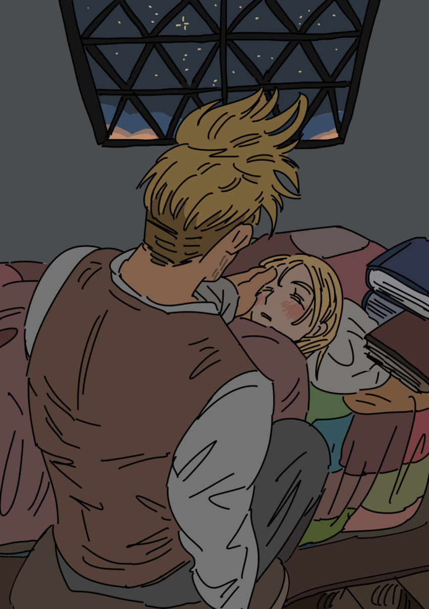 1boy, 1girl, blonde_hair, blush, book, brown_vest, chi.:_chikyuu_no_undou_ni_tsuite, child