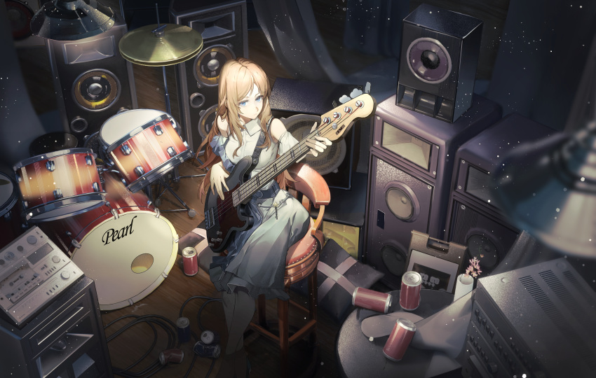 1girl, absurdres, amplifier, bang_dream!, bang_dream!_it's_mygo!!!!!, bass_guitar, blue_dress, blue_eyes