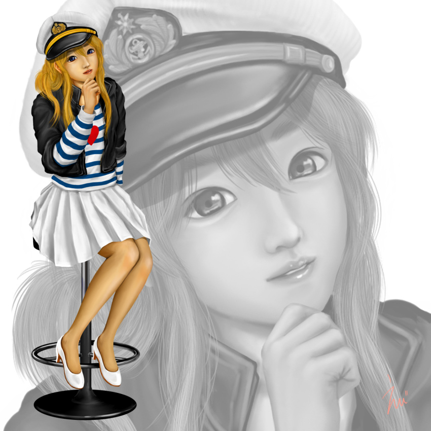 blonde_hair, blue_eyes, eeotoko, hand_on_chin, hand_to_chin, hat, highres, k-on!