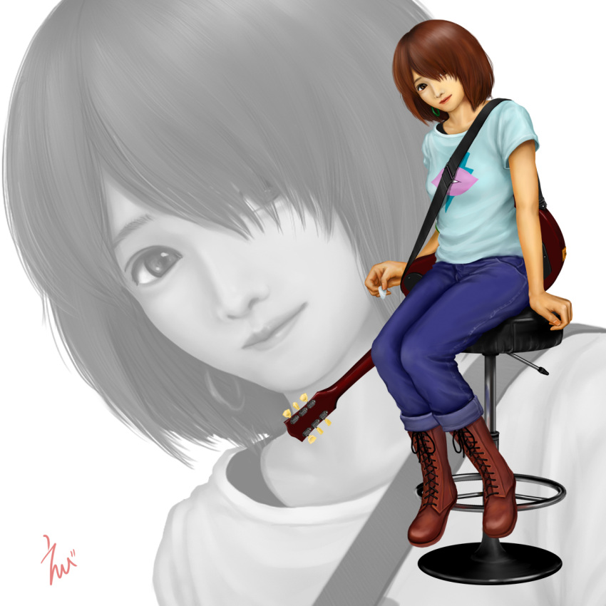 acoustic_guitar, brown_eyes, brown_hair, cross-laced_footwear, eeotoko, electric_guitar, guitar, hair_over_one_eye, highres, hirasawa_yui, instrument, jeans, k-on!, plectrum, realistic, short_hair, signature, sitting, t-shirt, zoom_layer