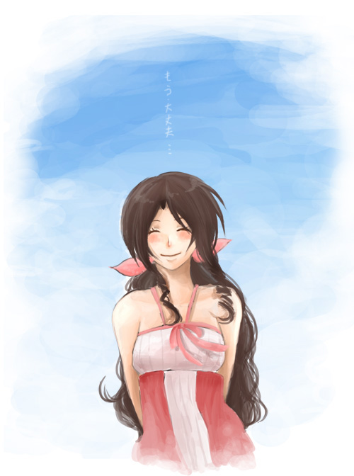 allblue0511, blush, brown_hair, closed_eyes, eyes_closed, final_fantasy, final_fantasy_vii, hair_ribbon