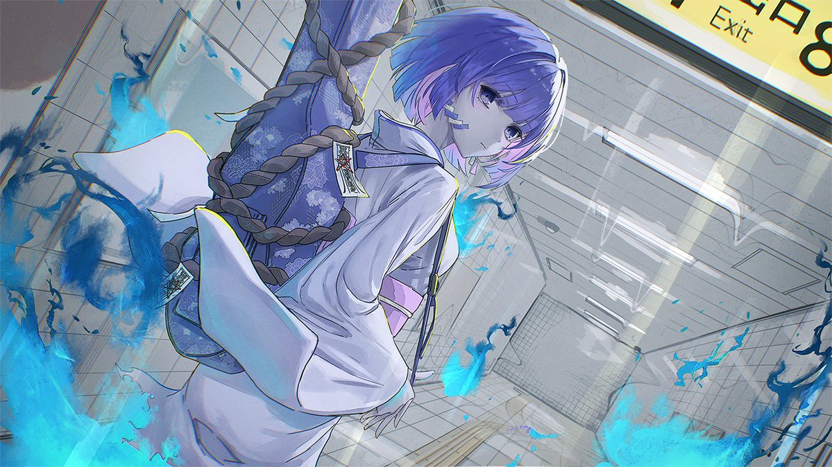 1girl, blue_fire, closed_mouth, fire, from_behind, ghost_girl, grab_pigeon, guitar_case, indie_utaite, instrument_case, japanese_clothes, kimono, konkon_tamashii, long_sleeves, looking_at_viewer, looking_back, medium_hair, multicolored_hair, pink_hair, purple_hair, purple_kimono, rope, sleeves_past_wrists, solo, the_exit_8, translated, violet_eyes, virtual_youtuber