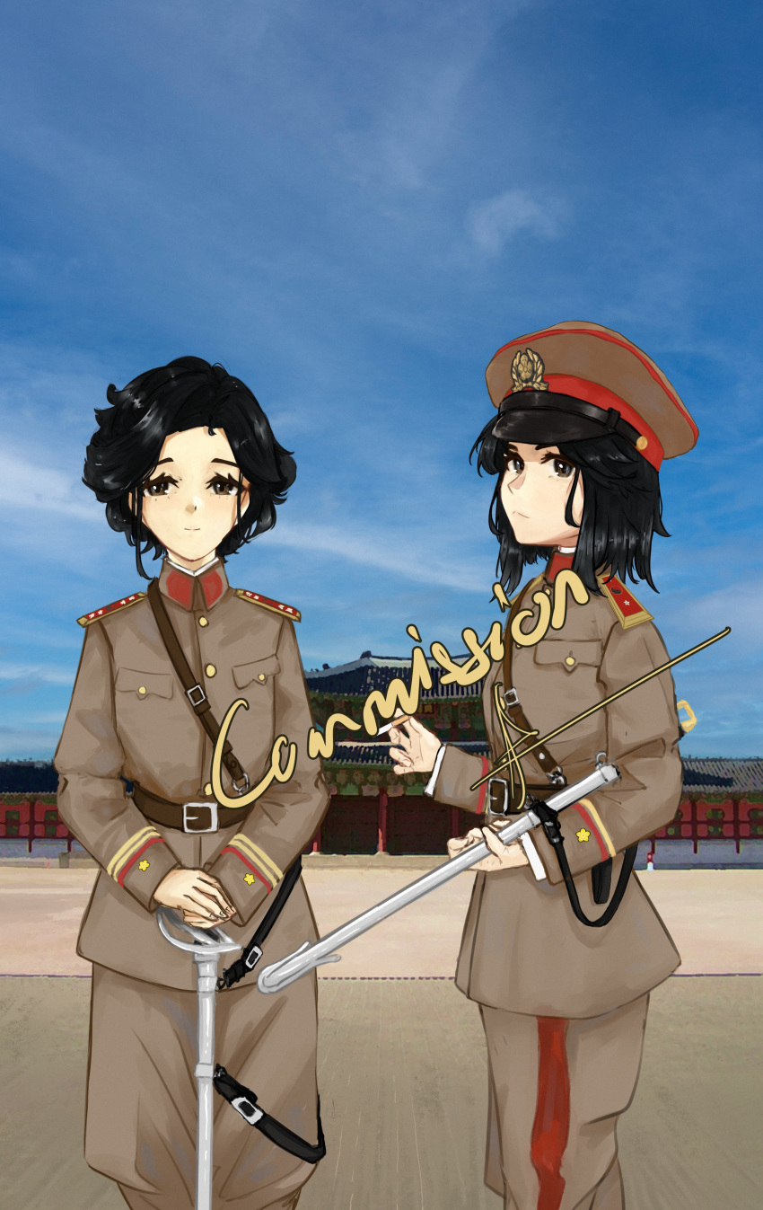 2girls, absurdres, ala_koli, brown_hair, cigarette, commission, hat, highres