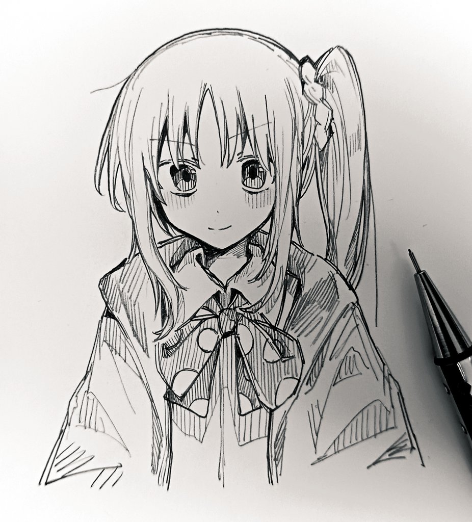 1girl, art_tools_in_frame, blush, bocchi_the_rock!, closed_mouth, commentary_request, cropped_torso, graphite_(medium), greyscale, hatching_(texture), ijichi_nijika, jacket, linear_hatching, long_hair, long_sleeves, looking_at_viewer, mechanical_pencil, monochrome, pencil, ribbon, school_uniform, shimokitazawa_high_school_uniform, side_ponytail, takoiro, traditional_media, woven_hatching