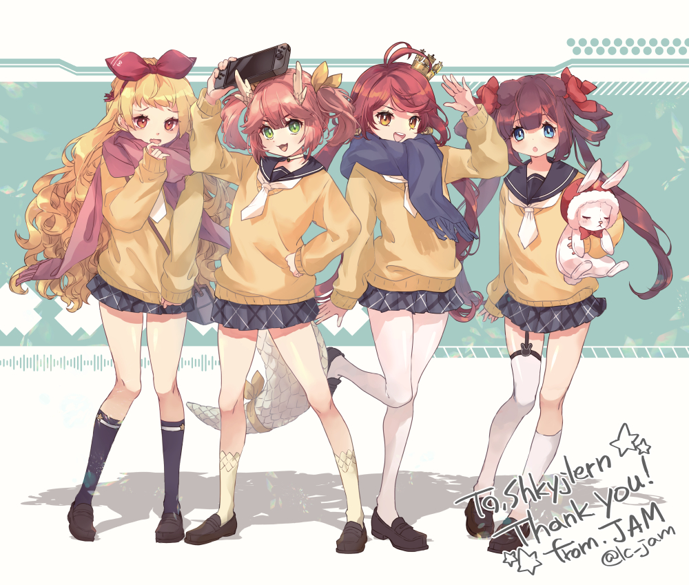 4girls, ahoge, asymmetrical_legwear, azur_lane, bag, black_sailor_collar, black_socks, black_thighhighs