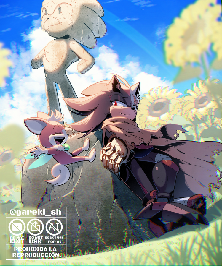 1boy, 2boys, animal_ears, animal_nose, black_fur, black_shoes, blue_sky, body_fur, boots, broken_statue, brown_cloak, cape, chip_(sonic), chromatic_aberration, cloak, closed_eyes, closed_mouth, clouds, cloudy_sky, day, e-123_omega, english_text, field, flower, flower_field, flying, full_body, furry, furry_male, gareki_sh, gem, grass, grey_eyes, half-closed_eyes, hands_up, hedgehog, insect_wings, jewelry, letterboxed, looking_at_another, looking_at_viewer, male_focus, mechanical_arms, mechanical_legs, multicolored_shoes, multiple_boys, open_mouth, outdoors, pink_fur, red_eyes, red_fur, rock, scar, scar_on_face, shadow, shadow_the_hedgehog, shoes, single_mechanical_arm, single_mechanical_leg, sitting, sky, smile, sonic_(series), sonic_the_hedgehog, standing, statue, sunflower, tail, teeth, tongue, torn_cape, torn_clothes, white_fur, wings, yellow_flower