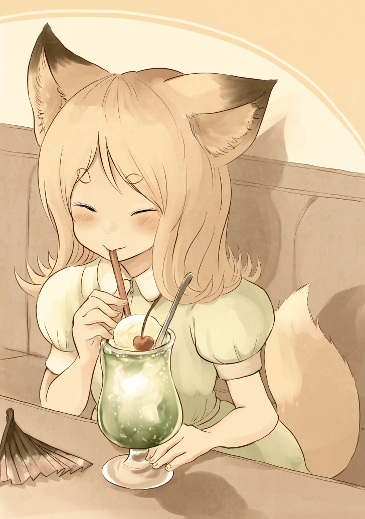 1girl, :>, animal_ear_fluff, animal_ears, batta_(kanzume_quality), blonde_hair, cherry, closed_eyes, commentary_request, dress, drinking, drinking_straw, drinking_straw_in_mouth, facing_viewer, folding_fan, food, fox_ears, fox_girl, fox_tail, fruit, green_dress, hand_fan, ice_cream, ice_cream_float, kitsune_no_oyome-chan, kitsune_no_oyome-chan_to_musuko-chan, medium_hair, paid_reward_available, puffy_sleeves, sepia, short_sleeves, sitting, solo, table, tail, upper_body