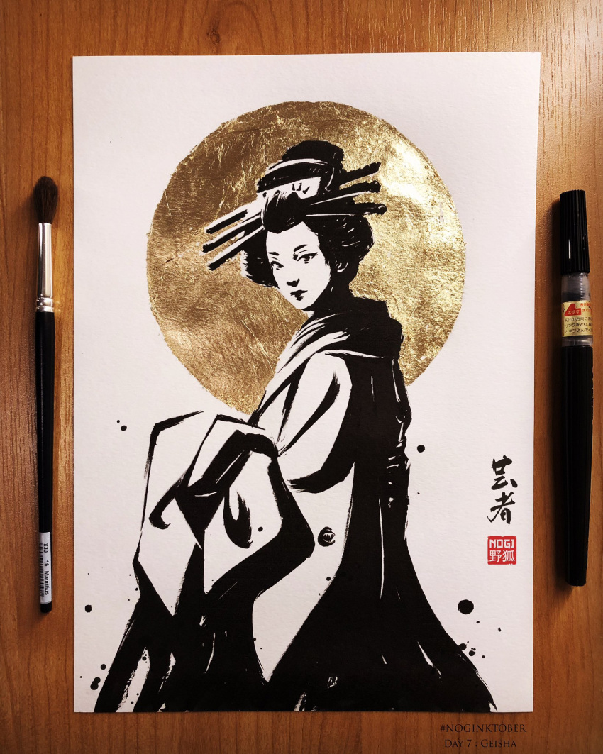 1girl, circle, closed_mouth, commentary, english_commentary, geisha, greyscale_with_colored_background, hair_ornament