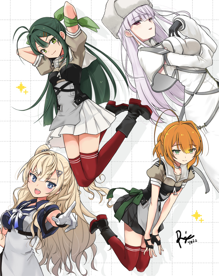 4girls, ahoge, apron, black_boots, black_gloves, black_skirt, blonde_hair, boots