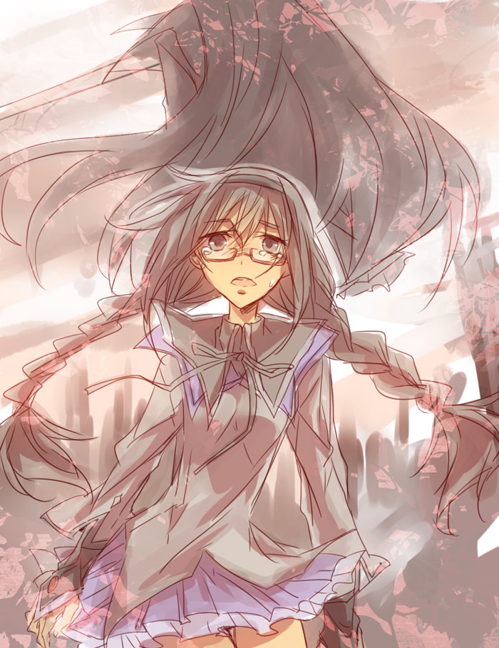 akemi_homura, alternate_hairstyle, artist_request, bad_id, black_hair, braid, fingerless_gloves, glasses