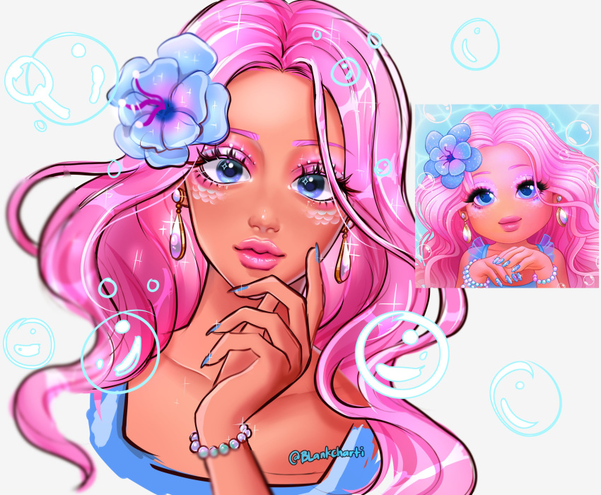 1girl, absurdres, aegyo_sal, air_bubble, blankcharti, blue_eyes, blue_flower, blue_nails