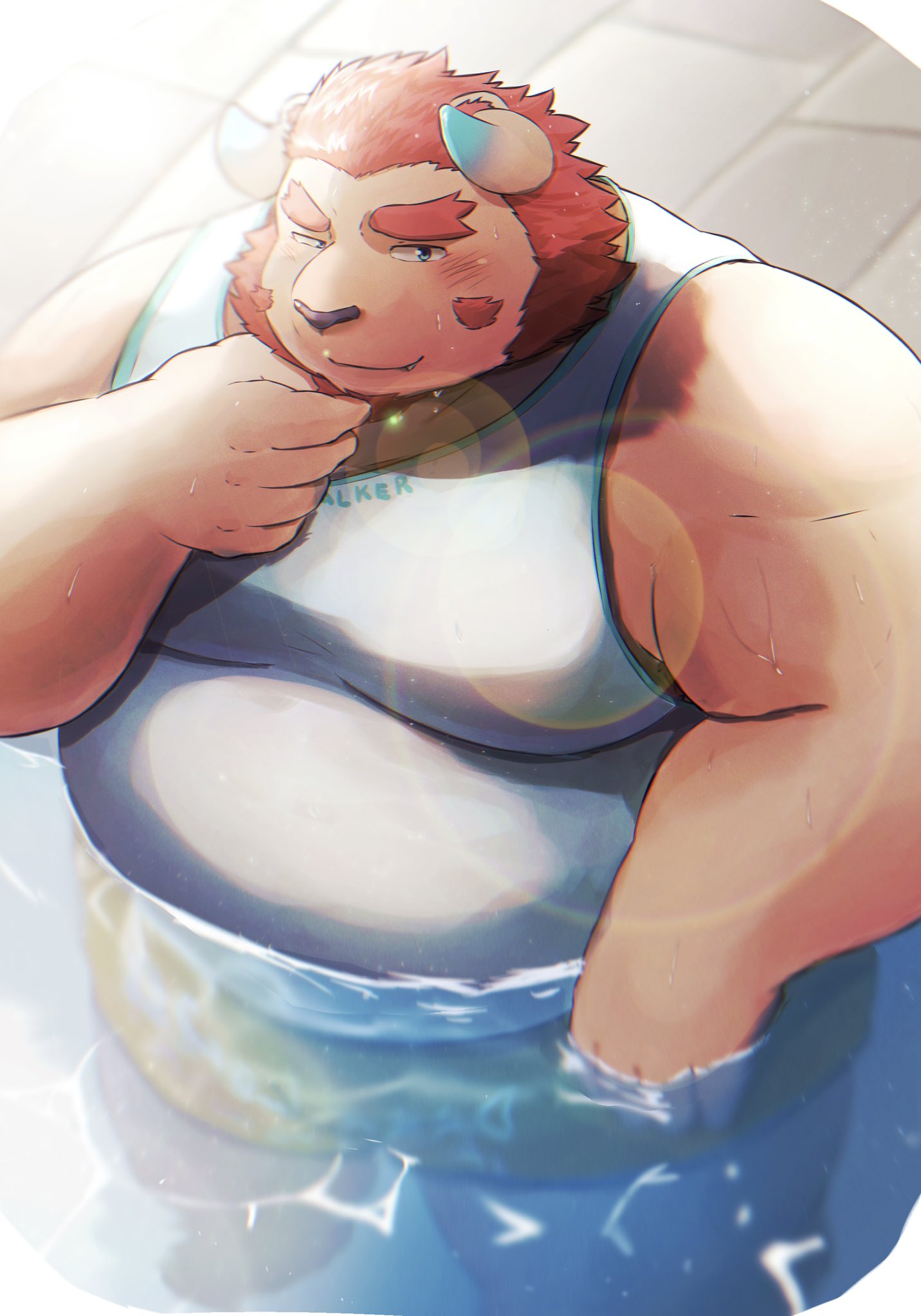 1boy, beard, blush, chernobog_(housamo), english_commentary, facial_hair, from_above, furry