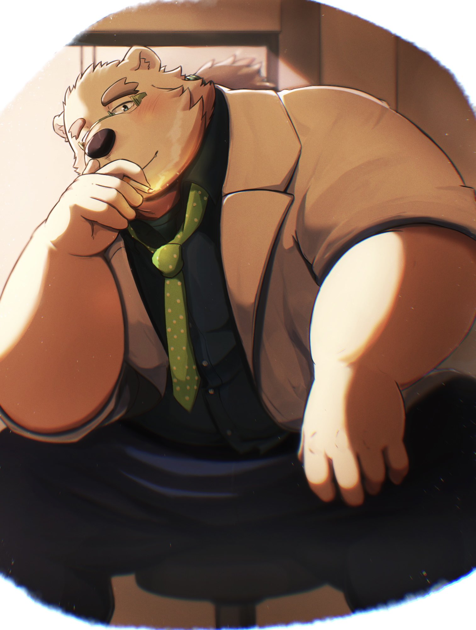 1boy, animal_ears, bear_boy, bear_ears, blue_shirt, blush, cigarette, closed_mouth, commentary_request, furry, furry_male, glasses, green_necktie, highres, holding, holding_cigarette, lab_coat, leib_(housamo), looking_at_viewer, male_focus, metaporin, necktie, ponytail, shirt, sitting, smile, smoking, tokyo_afterschool_summoners
