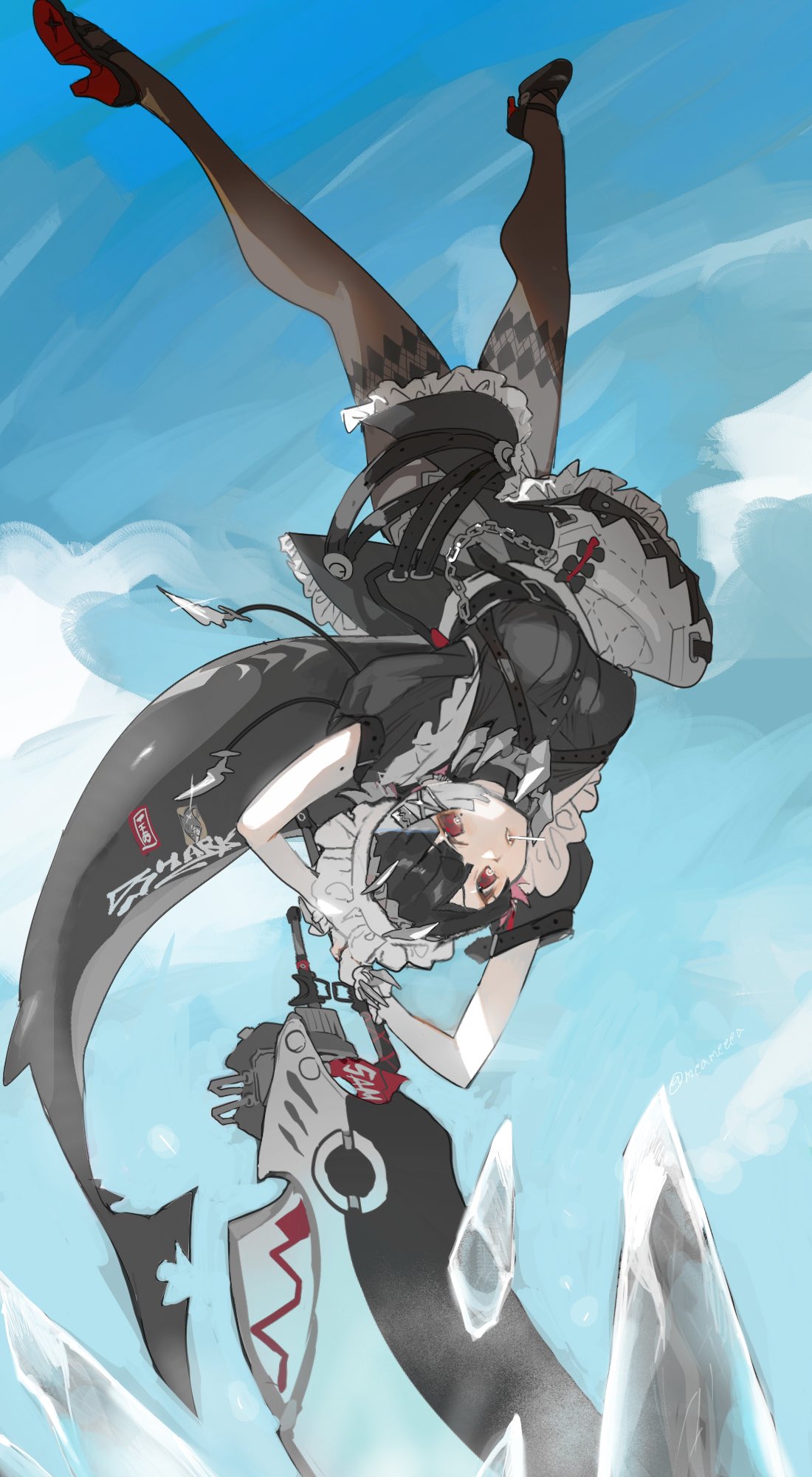 1girl, battle, black_dress, black_hair, black_pantyhose, black_shoes, blue_sky, breasts