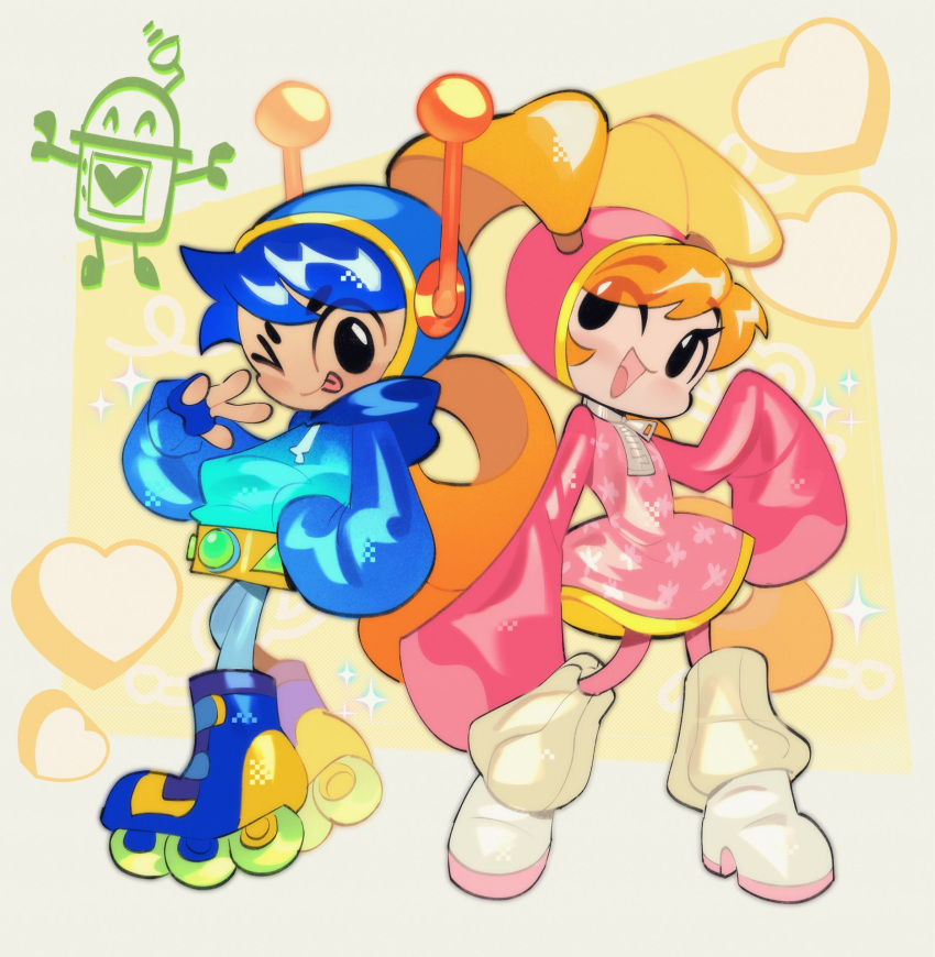 >_o, 1boy, 1girl, 358_dymitre, :d, ;p, ankle_boots, arm_at_side