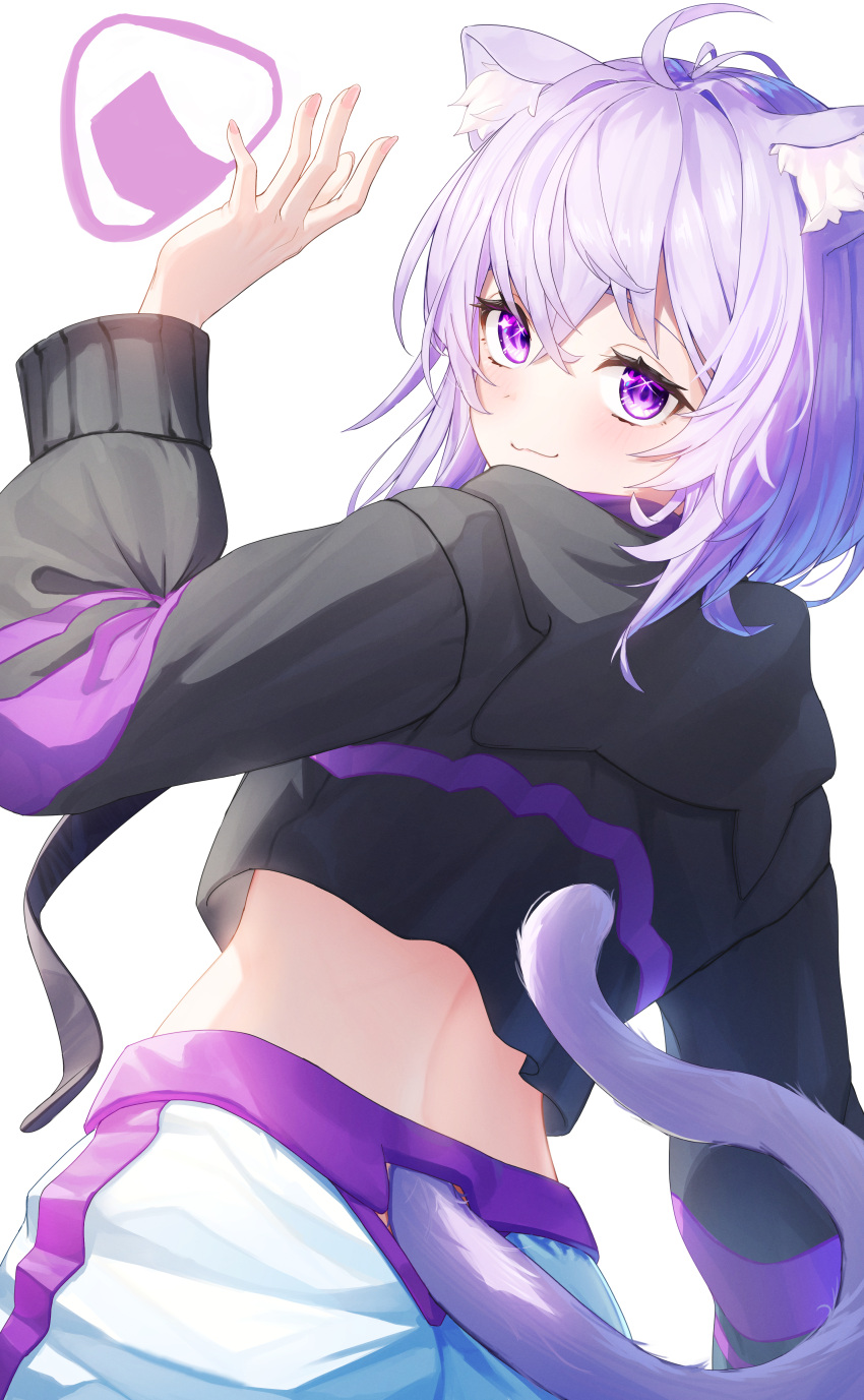 1girl, absurdres, ahoge, animal_ear_fluff, animal_ears, animal_hood, black_hoodie, cat_ears, cat_girl, cat_hood, cat_tail, closed_mouth, highres, hololive, hood, hood_down, hoodie, kanabun_(jhft8347), looking_at_viewer, looking_back, medium_hair, nekomata_okayu, nekomata_okayu_(1st_costume), pants, purple_hair, smile, solo, tail, violet_eyes, virtual_youtuber, white_pants
