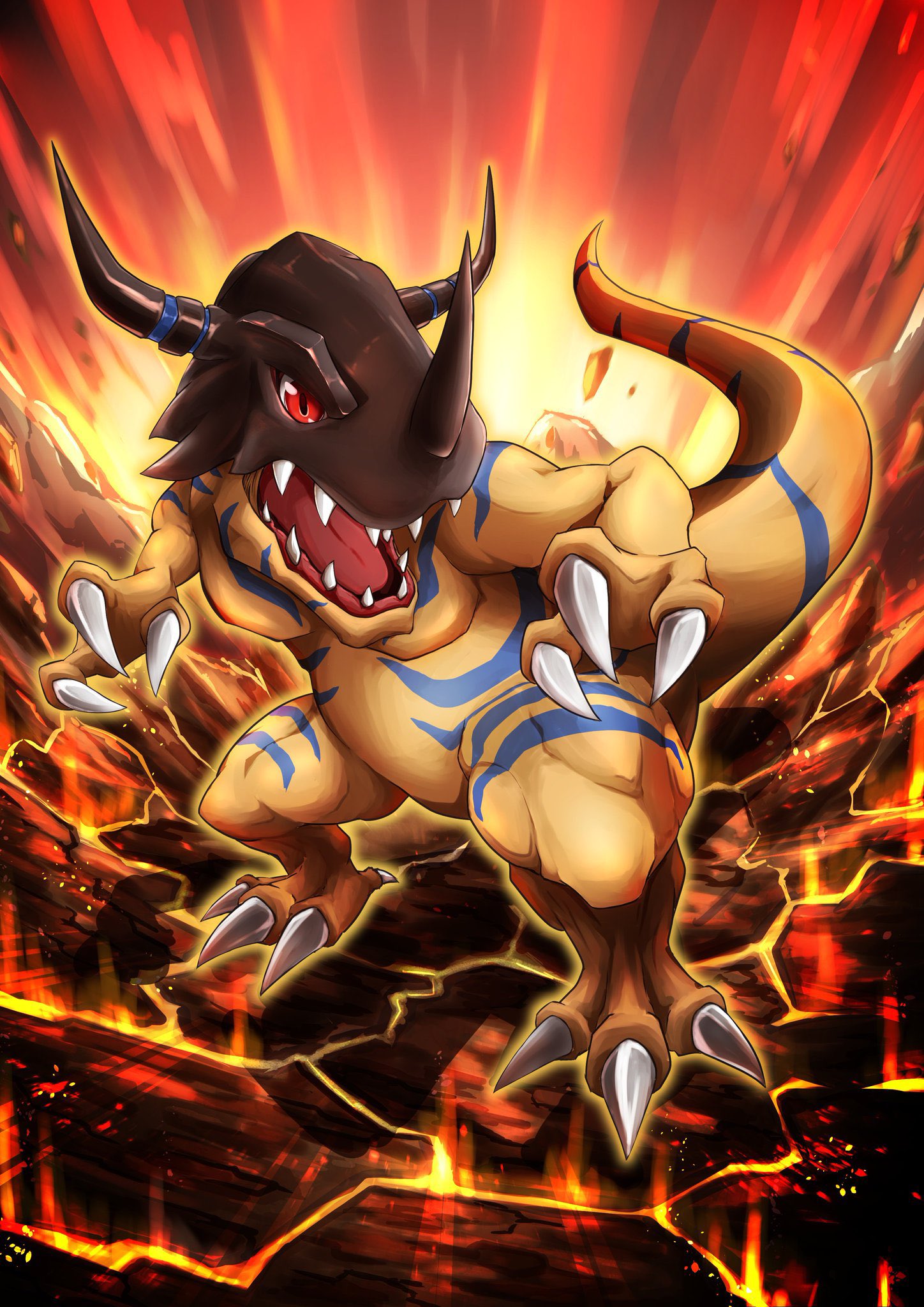 digimon, digimon_(creature), dinosaur, dowa_d_715, explosion, full_body, greymon, highres