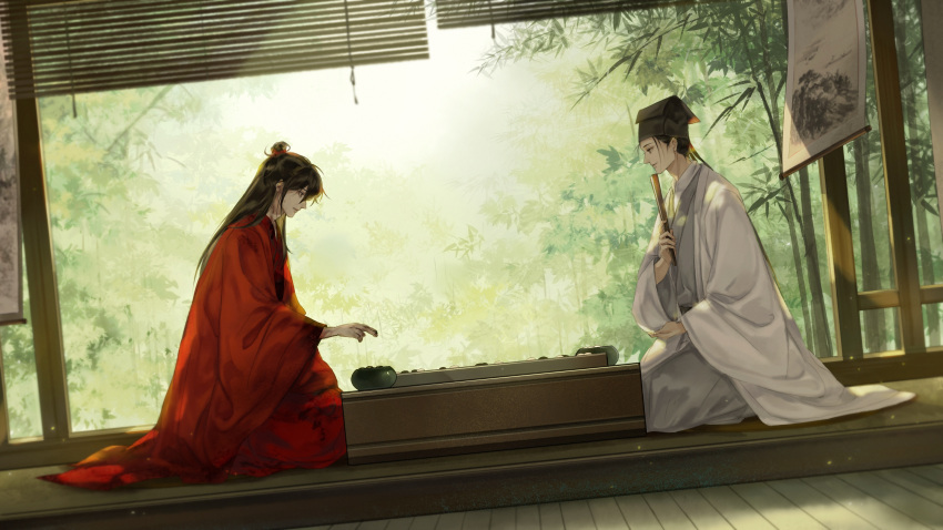 111218422, 2boys, absurdres, architecture, bamboo, bamboo_forest, black_eyes, black_hair, black_hat, blood, blood_on_clothes, blood_on_hands, blood_on_neck, board_game, chess_piece, chinese_clothes, chinese_commentary, closed_mouth, coat, dao_gui_yi_xian, day, east_asian_architecture, folded_fan, folding_fan, forest, from_side, go_(board_game), grey_hanfu, hair_bun, half_updo, hand_fan, hanfu, hanging_scroll, hat, hat_ribbon, highres, holding, holding_chess_piece, holding_fan, implied_yaoi, jin_(headwear), li_huowang, long_hair, long_sleeves, looking_at_another, looking_down, male_focus, multiple_boys, nature, paper_fan, plant, playing_chess, profile, red_coat, ribbon, robe, scroll, seiza, sidelocks, single_hair_bun, sitting, smile, sunlight, table, tree, updo, white_coat, wide_sleeves, window_blinds, wooden_floor, zhouzi_jin_(headwear), zhuge_yuan