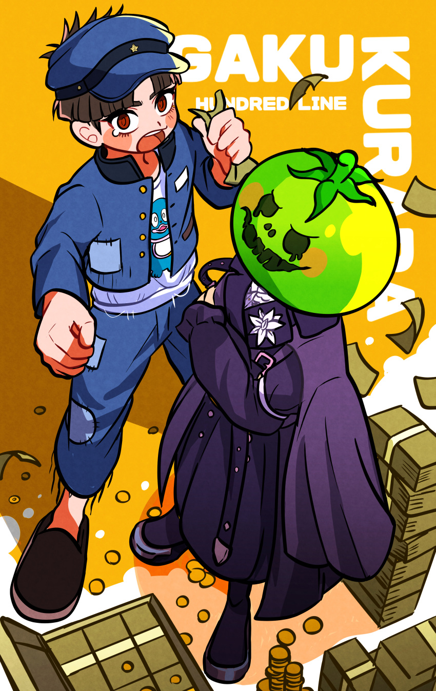 1boy, 1girl, absurdres, blue_hat, blue_jacket, blue_pants, blush_stickers, brown_hair