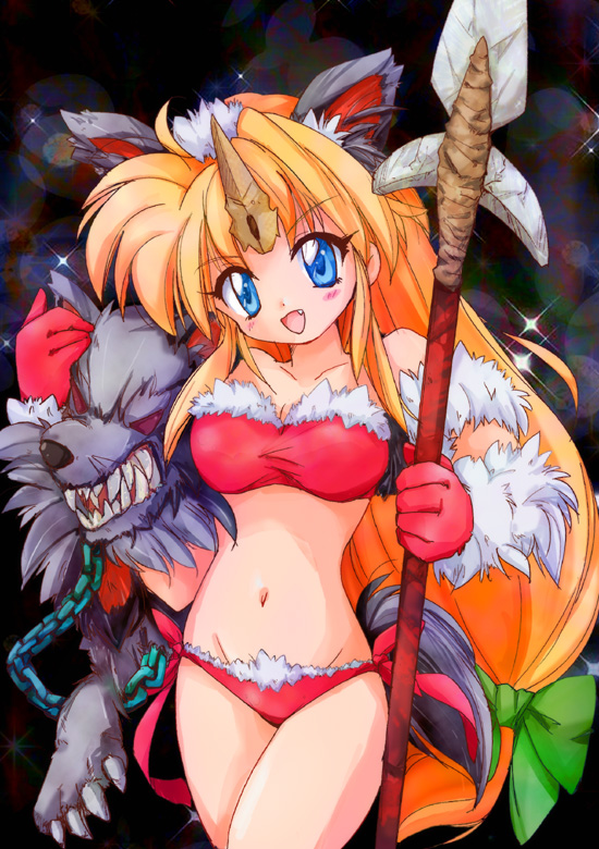 1girl, animal_ears, armor, bare_shoulders, bikini, bikini_armor, blonde_hair, blue_eyes, blush, bow, chain, chains, fang, female, fenrir_knight, hair_ribbon, horn, long_hair, low-tied_long_hair, mound_of_venus, polearm, ribbon, riesz, seiken_densetsu, seiken_densetsu_3, smile, solo, spear, swimsuit, tribal, weapon, wolf, wolf_ears, zipang