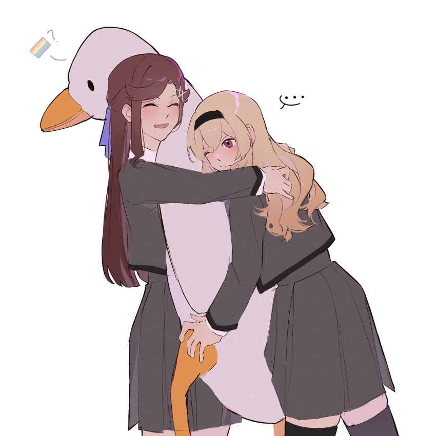 ..., 2girls, :d, ^_^, black_hairband, black_thighhighs, blonde_hair, brown_eyes