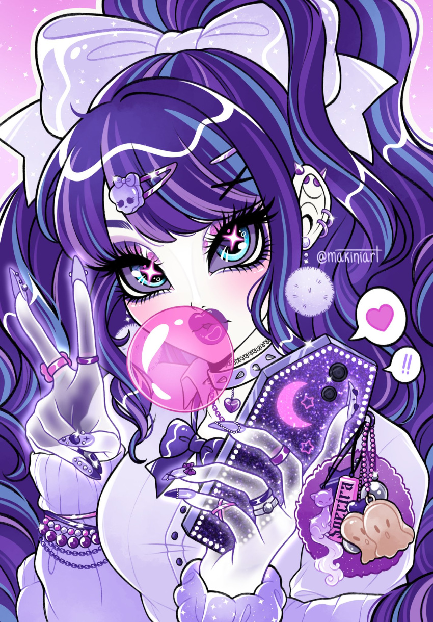 1girl, alternate_costume, aqua_eyes, big_hair, bow, cellphone, cellphone_charm, charm_(object)
