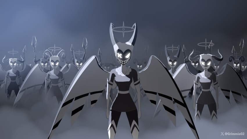6+girls, absurdres, angel_(hazbin_hotel), artist_name, black_dress, black_halo, black_pants, dress