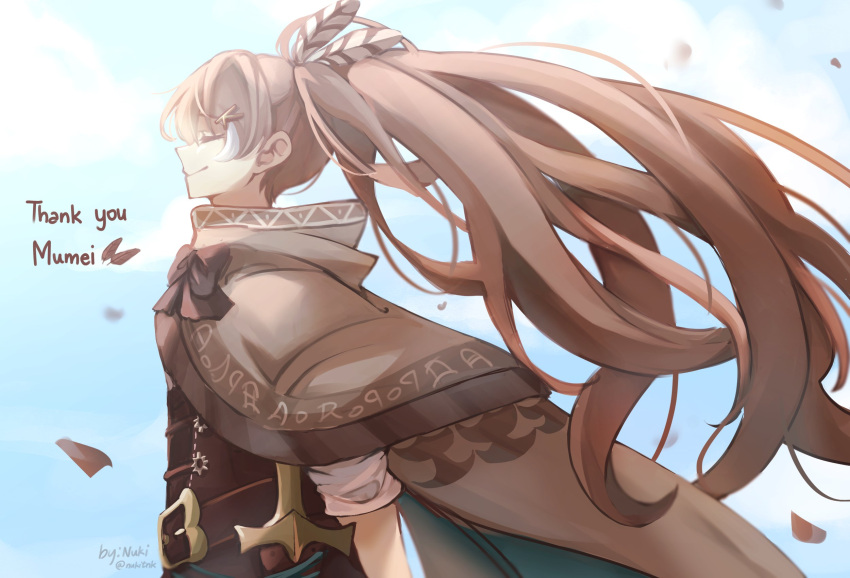 1girl, belt, brown_capelet, brown_cloak, brown_corset, brown_hair, cape, capelet, cloak, closed_eyes, clouds, cloudy_sky, corset, dagger, english_text, feather_hair_ornament, feathers, floating_hair, from_side, hair_ornament, hairclip, highres, hololive, hololive_english, hood, hooded_cloak, kanonondayo, knife, long_hair, multicolored_hair, nanashi_mumei, nanashi_mumei_(1st_costume), ponytail, ribbon, sky, smile, streaked_hair, very_long_hair, virtual_youtuber, weapon