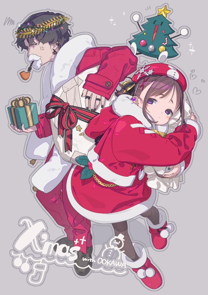 1boy, 1girl, absurdres, black_hair, box, brother_and_sister, brown_hair, christmas