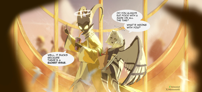 1boy, 1girl, absurdres, adam_(hazbin_hotel), angel_wings, black_dress, cup, disposable_cup, dress, elbow_gloves, english_text, feet_out_of_frame, gloves, glowing, glowing_eyes, grimmie02, halo, hand_up, hazbin_hotel, highres, holding, holding_cup, horns, long_sleeves, lute_(hazbin_hotel), short_dress, short_hair, speech_bubble, watermark, white_gloves, white_hair, wide_sleeves, wings, yellow_eyes