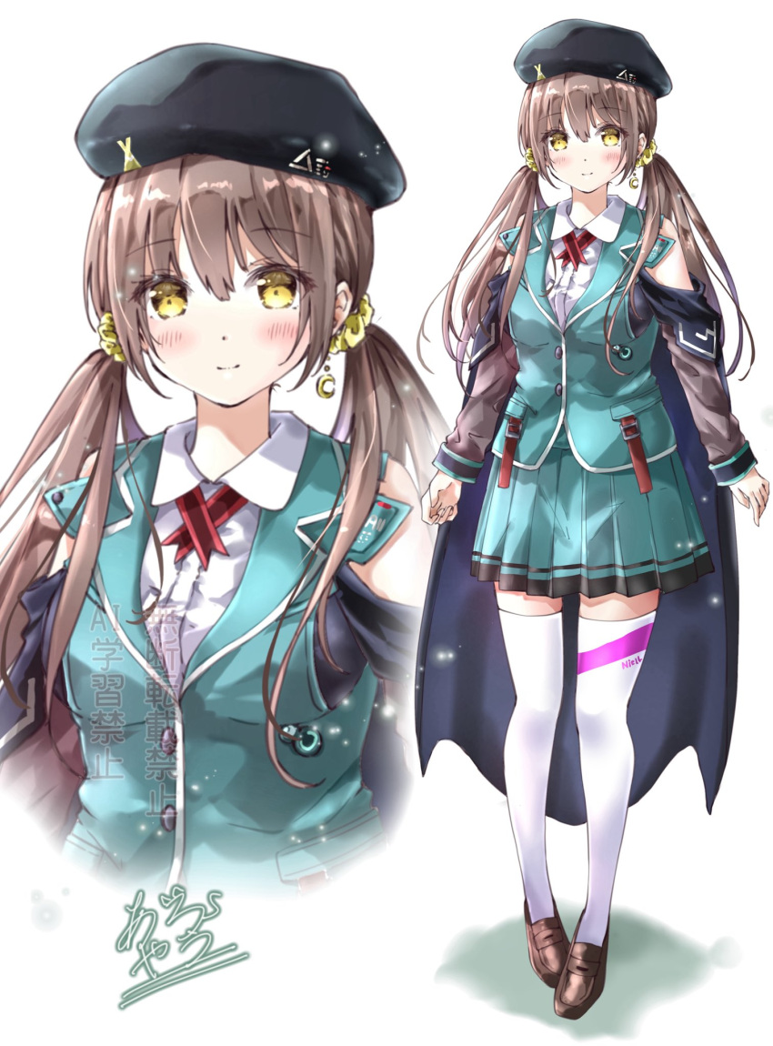 1girl, alternate_hairstyle, beret, breasts, brown_hair, crescent, crescent_earrings, earrings