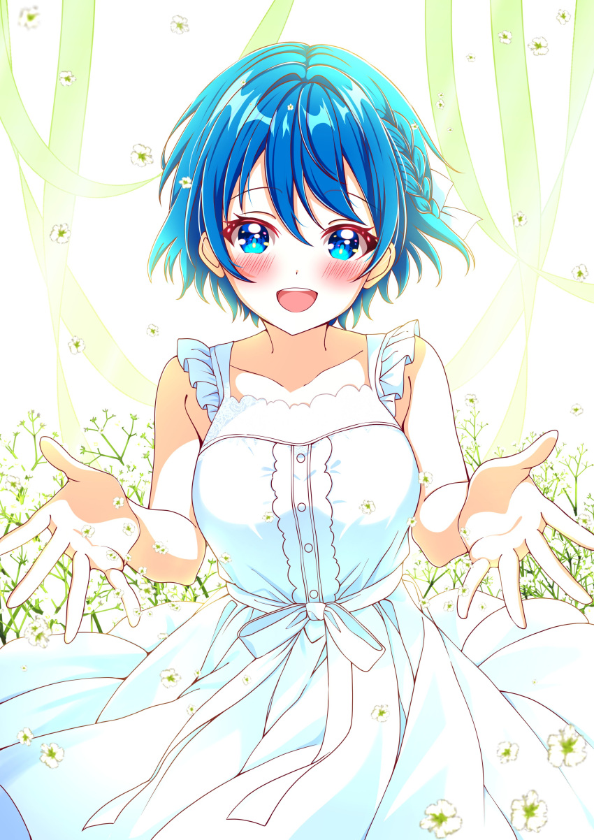 1girl, :d, absurdres, bare_arms, blue_eyes, blue_hair, blush, braid