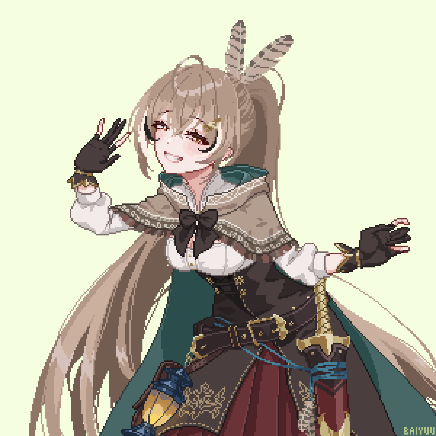 1girl, ahoge, baiyuu, brown_capelet, brown_cloak, brown_corset, capelet, cloak, corset, dagger, feather_hair_ornament, feathers, gloves, green_background, grin, hair_ornament, half-closed_eyes, highres, hololive, hololive_english, hood, hooded_cloak, knife, lantern, long_hair, looking_at_viewer, nanashi_mumei, nanashi_mumei_(1st_costume), partially_fingerless_gloves, pixel_art, pleated_skirt, ponytail, pouch, red_skirt, ribbon, shirt, skirt, smile, very_long_hair, virtual_youtuber, waving, weapon, white_shirt