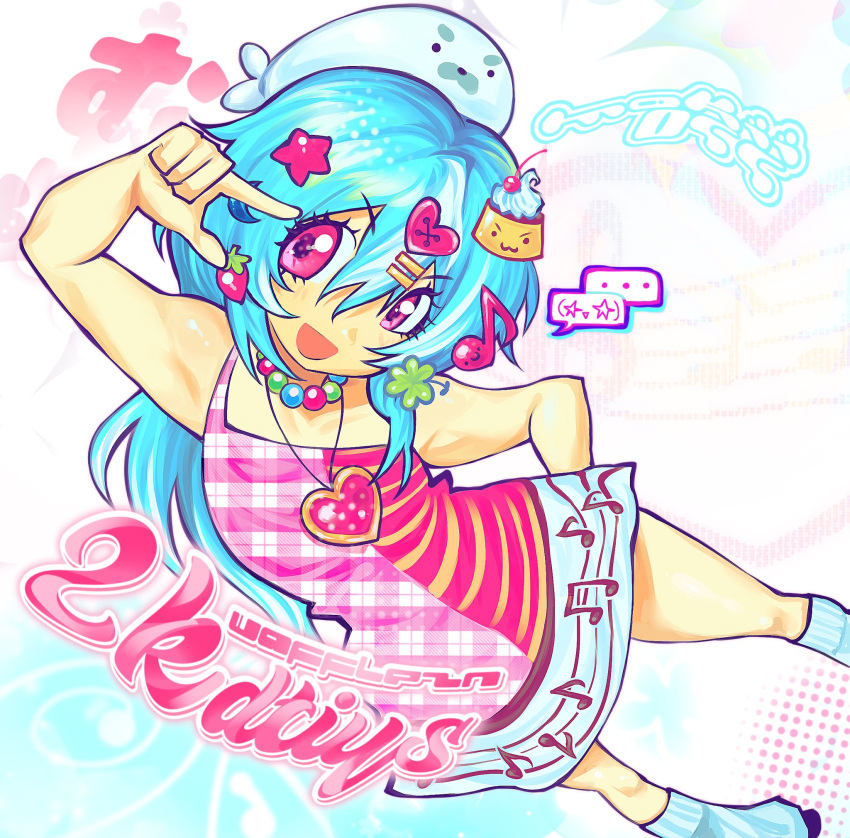 1girl, animal_on_head, bead_necklace, beads, blue_hair, borrowed_character, clover_hair_ornament, colorful